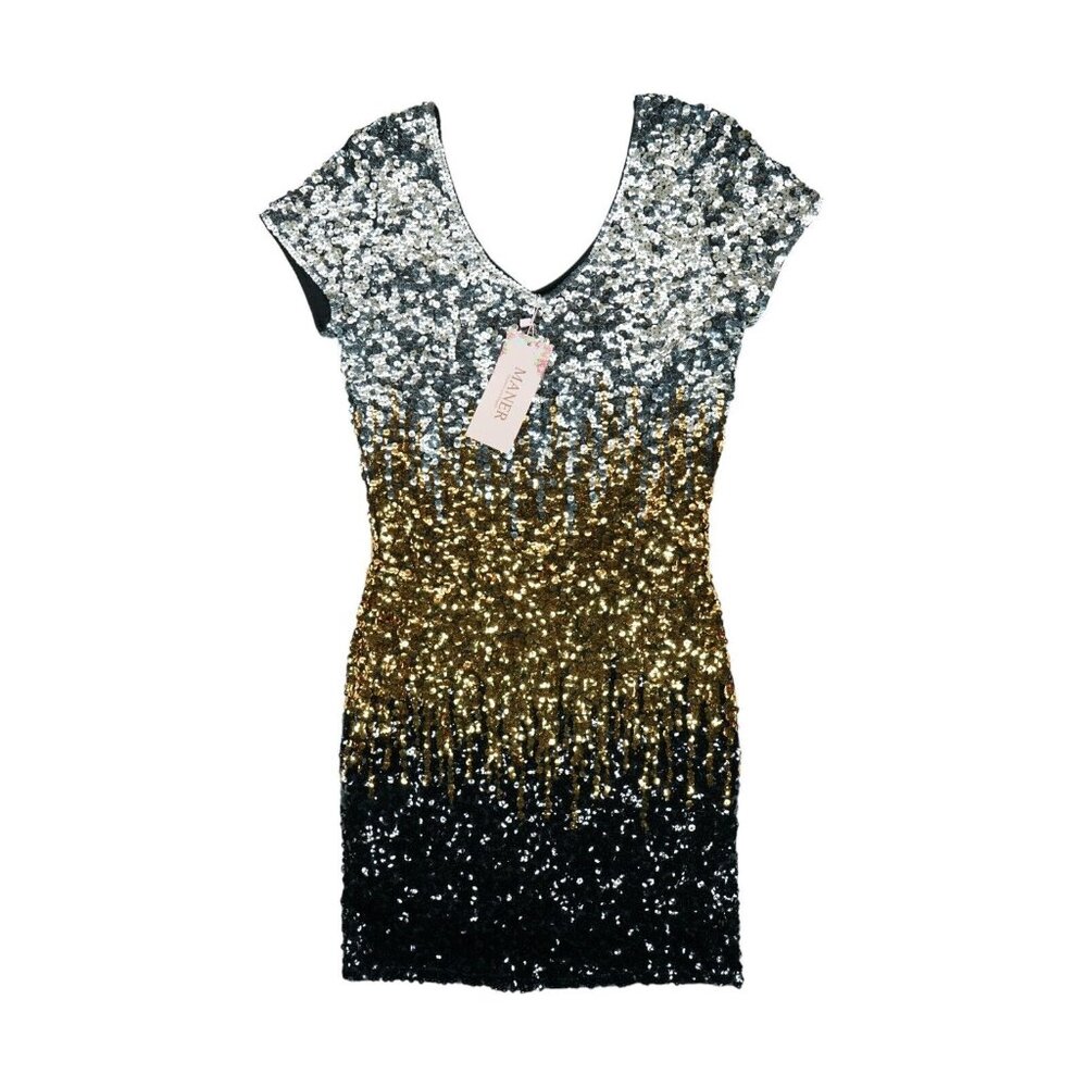MANER Women's Sequin Glitter Short Sleeve Dress V Neck Mini Party Club Bodycon S